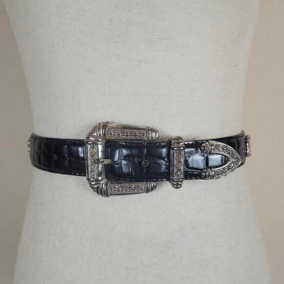 Unbranded Accessories - Black Leather Belt Small Western Silver Buckle Croc Embossed Cowgirl Concho Boho